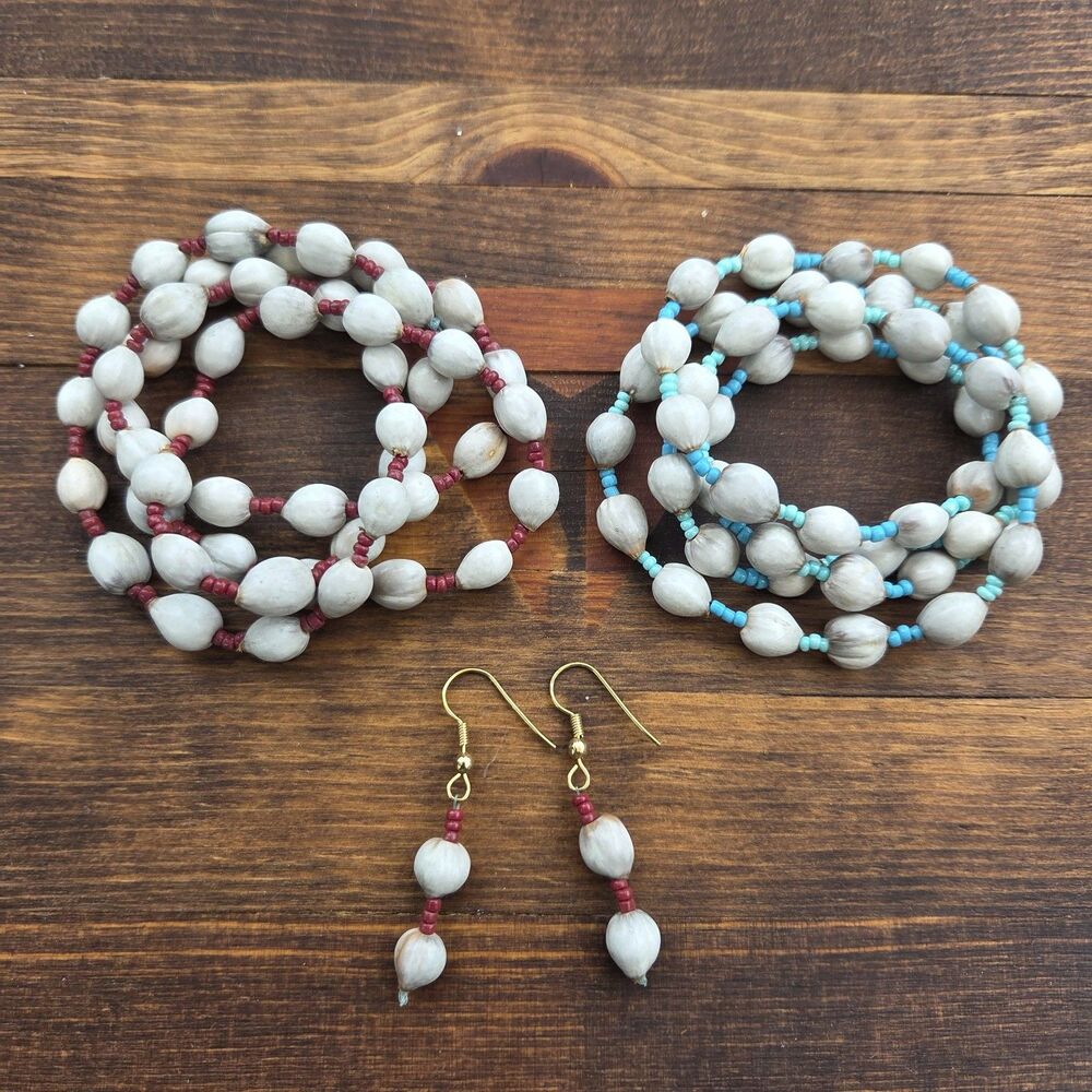 Vintage Job's Tears Seed Bead Necklaces Earrings Set Boho Natural Jewelry